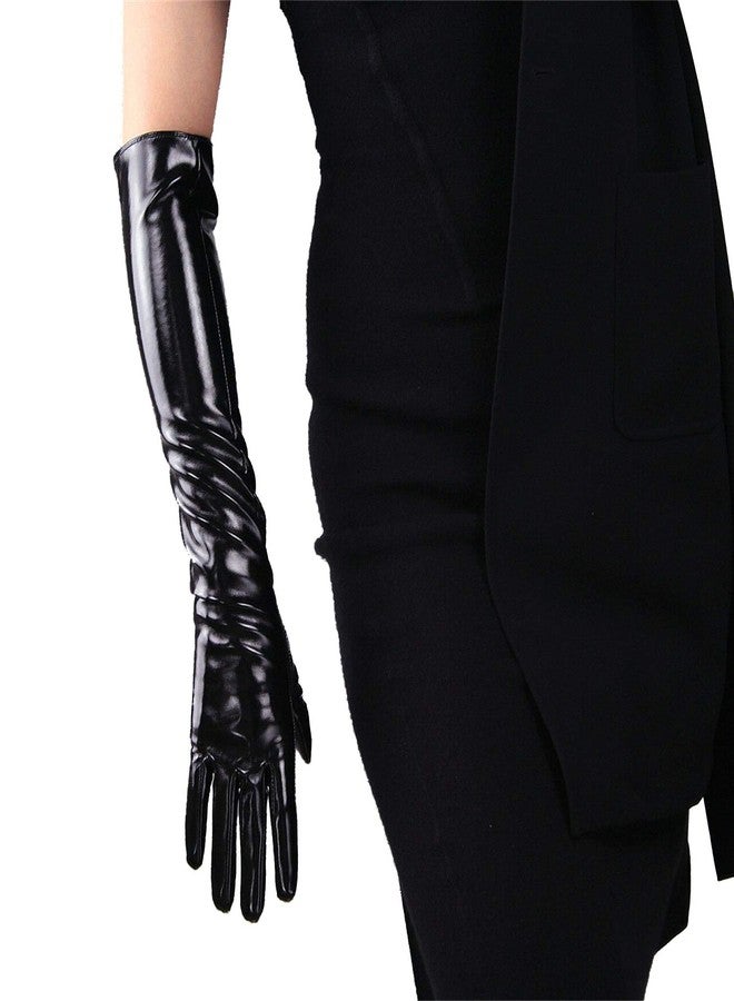 DooWay Black Long Latex Gloves Faux Patent PU Wet Look 20-inches Opera Party Evening Gloves - Image 1